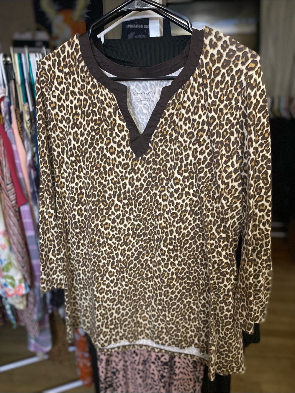 Charter Club Leopard-Print Long Sleeve Top in Brown and Cream